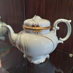 German Porcelain Gold Trim Tea Pot + Sugar Bowl